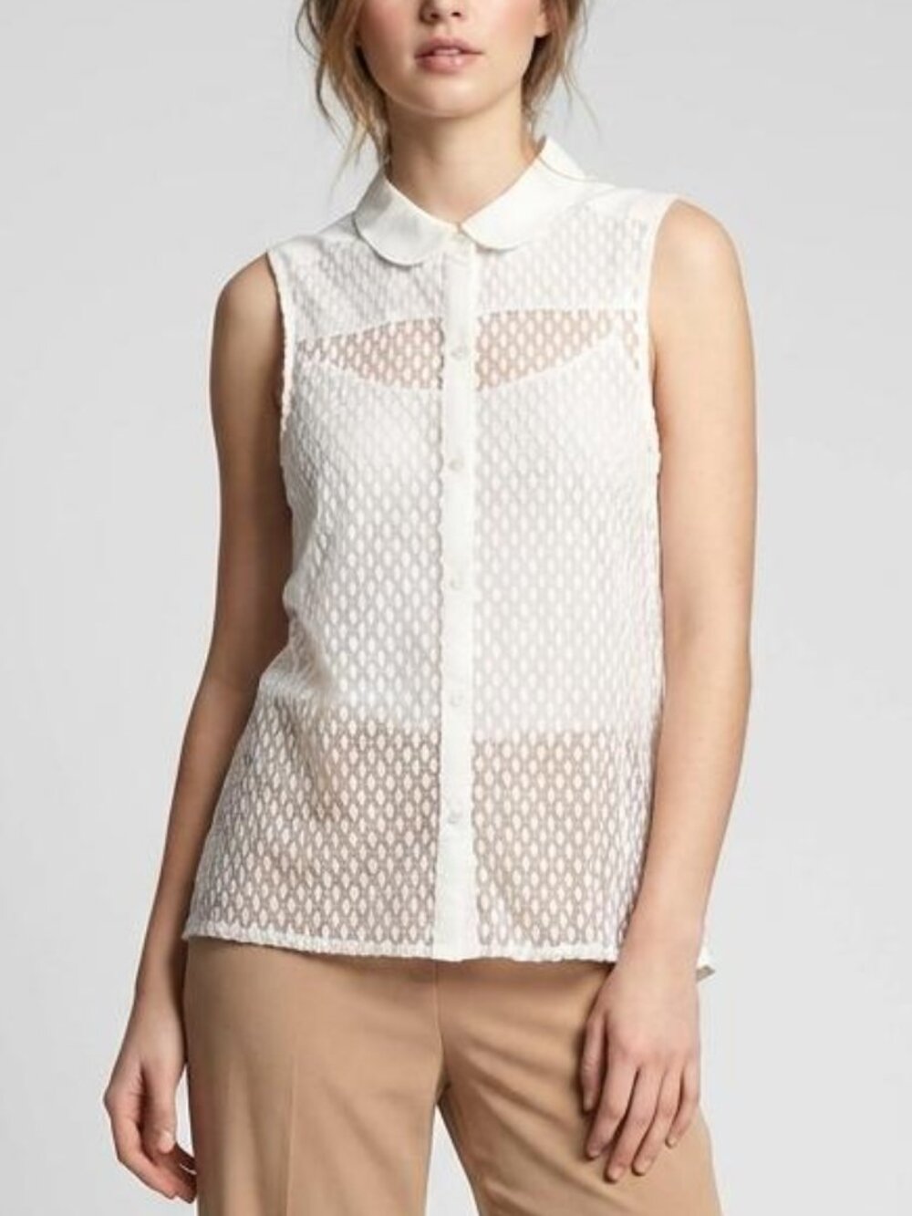 Hollister White Sheer Geometric Lace Sleeveless Button-Down Blouse